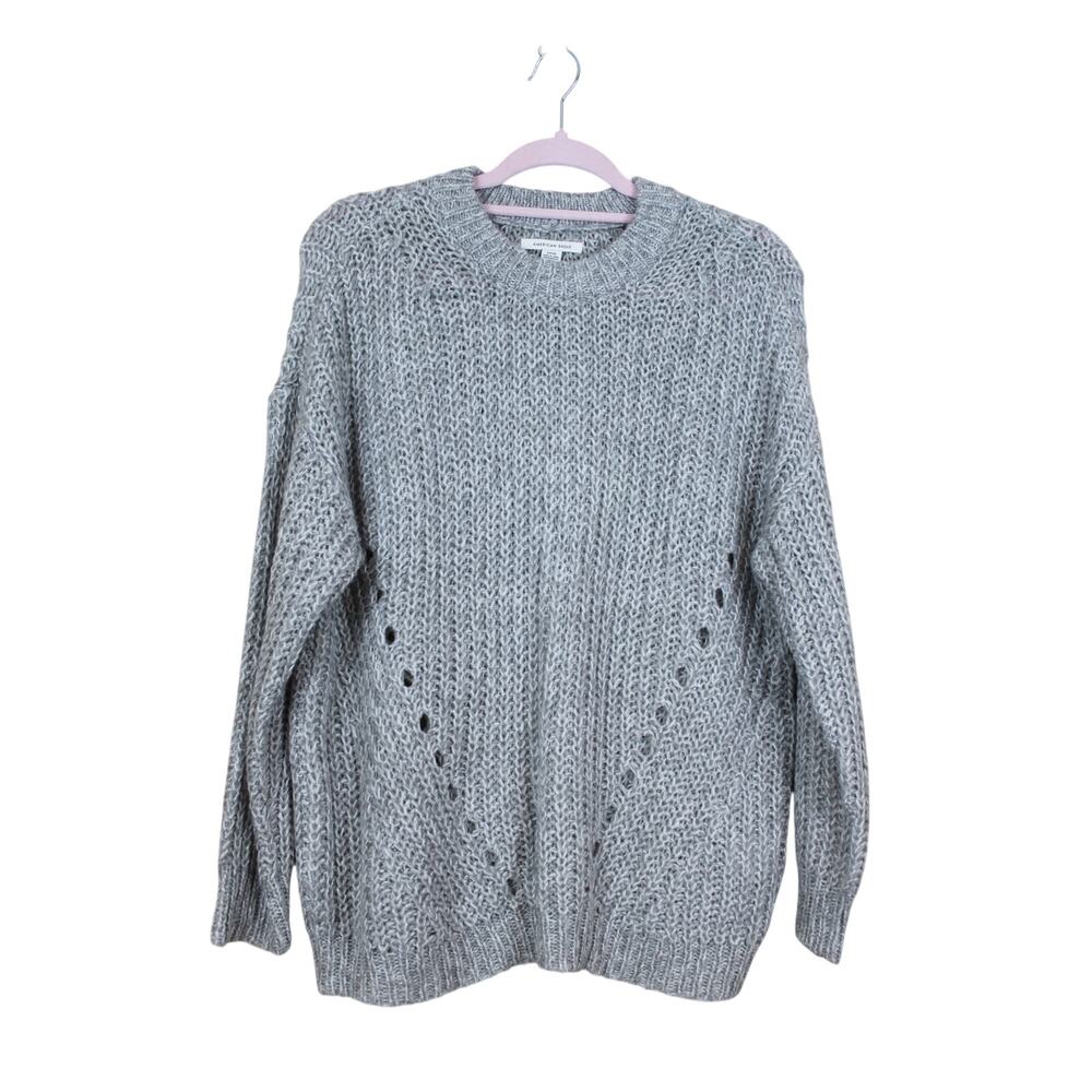 American Eagle Glacier Gray Long Sleeve Cable Open Knit Crew Neck Sweater Size S